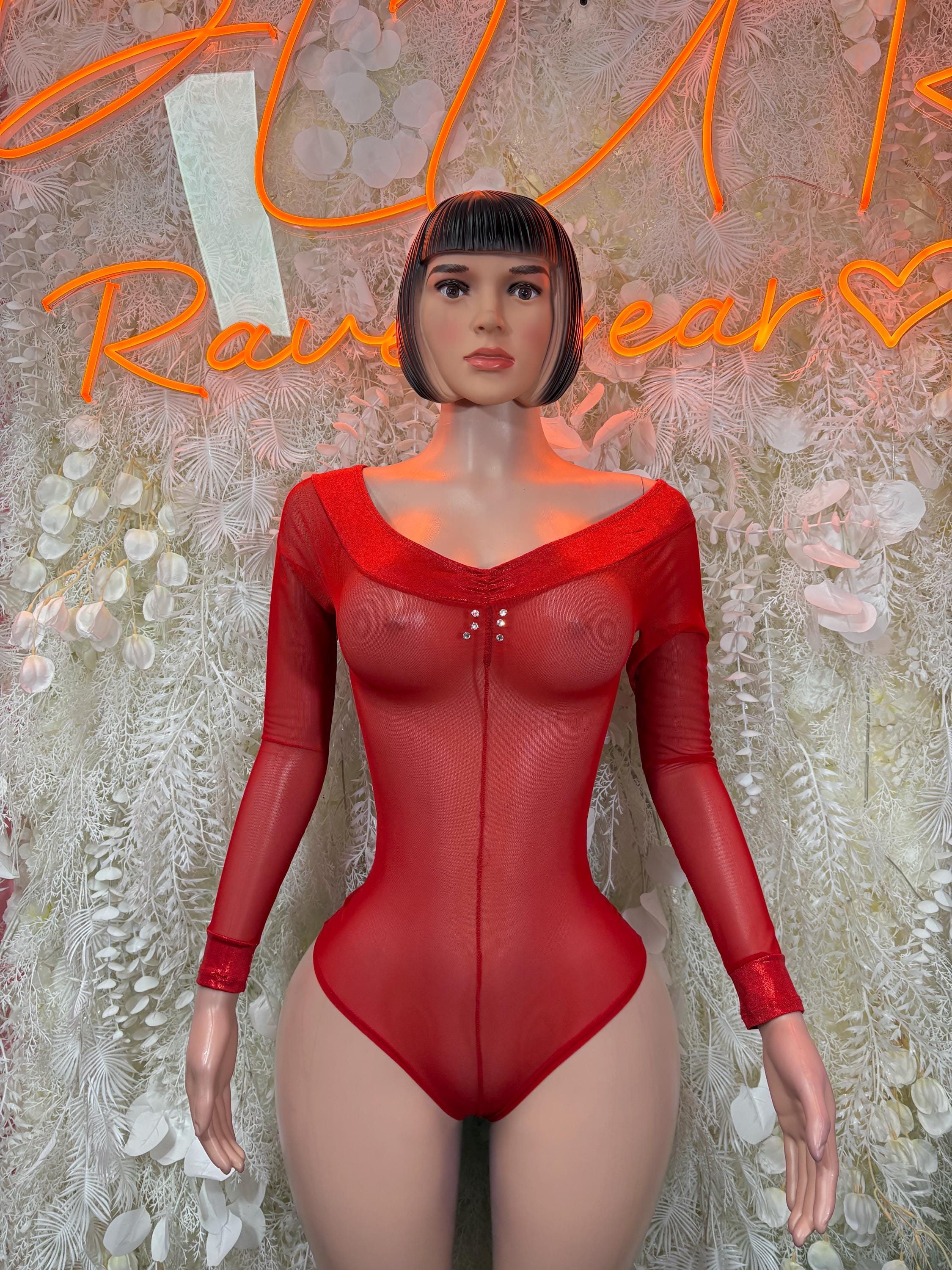 Red mesh long-sleeve bodysuit with scoop neckline and snap front