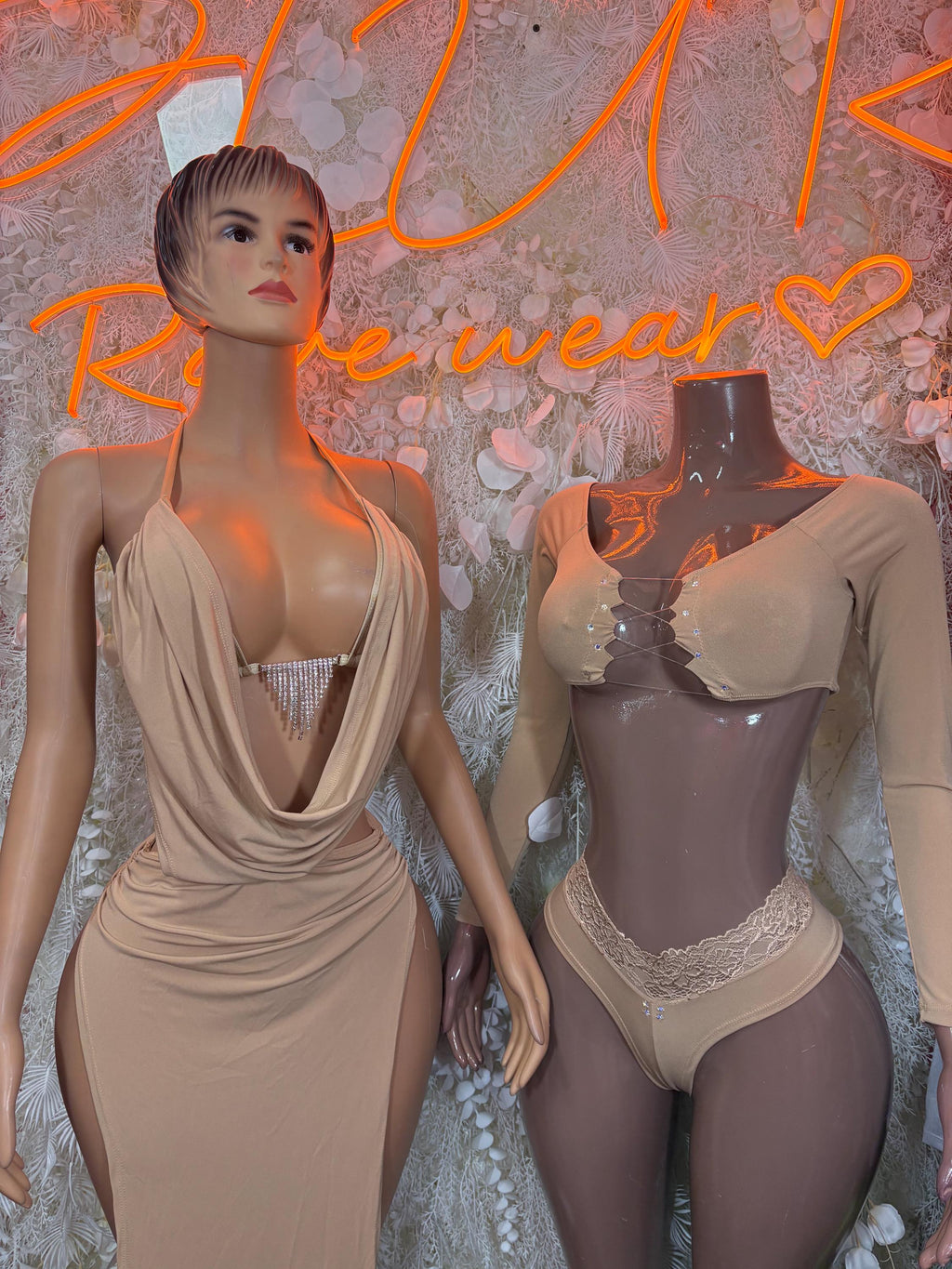 Beige one-piece rave gown with cowl neckline, rhinestone chest detail, matching panties