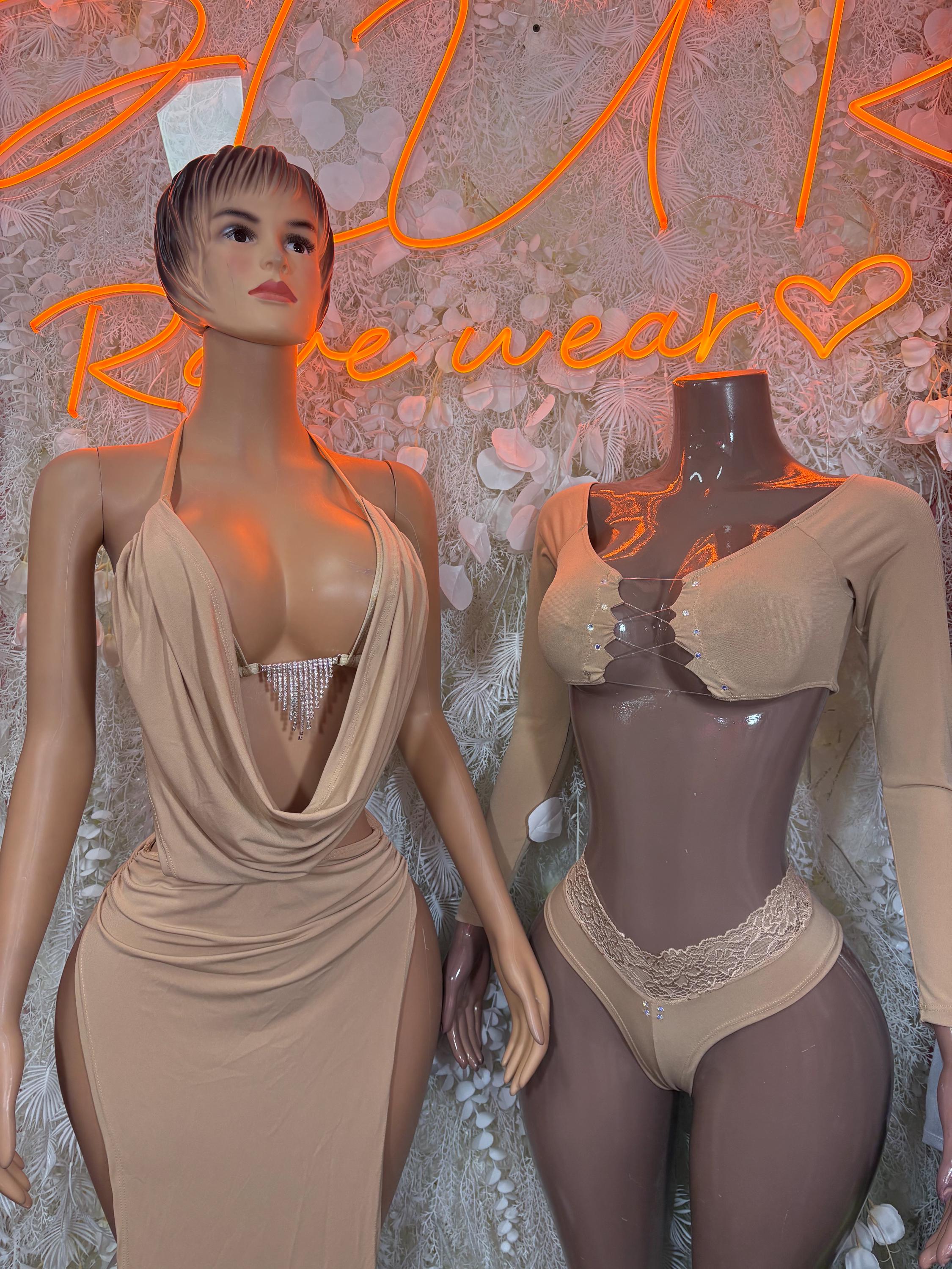 Beige one-piece rave gown with cowl neckline, rhinestone chest detail, matching panties