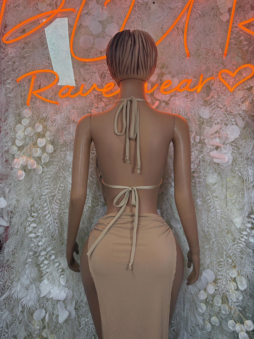 Beige backless one-piece rave gown with low back and thin tie straps