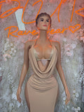 Beige nude one-piece rave gown with draped cowl neckline and decorative chest trim