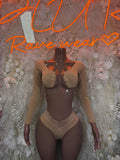 Beige dancewear two-piece set with lace-trim long-sleeve top and high-cut briefs