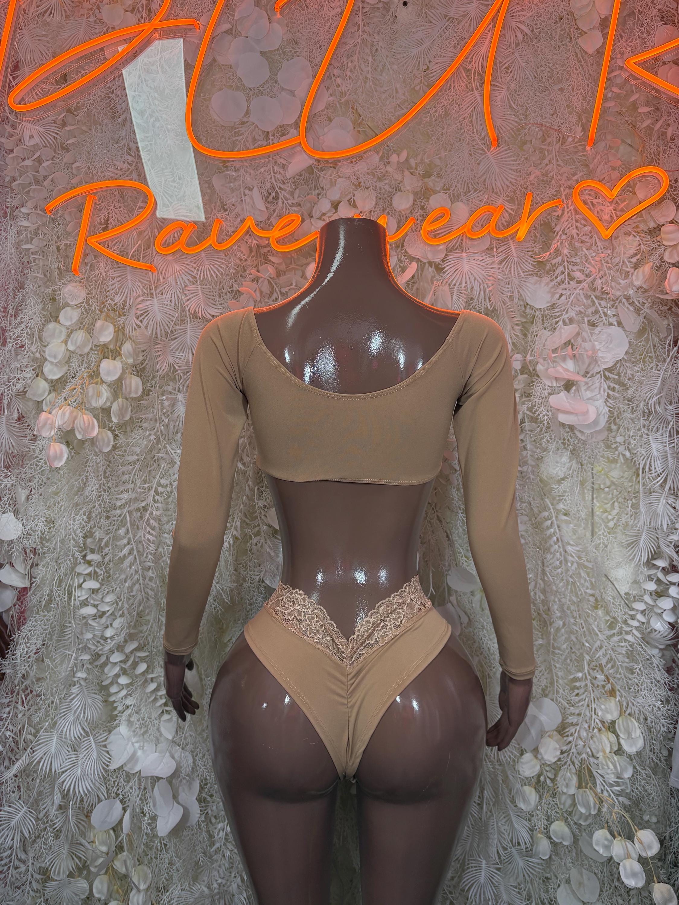 Beige dancewear two-piece set with lace-trim long-sleeve crop top and high-cut panties