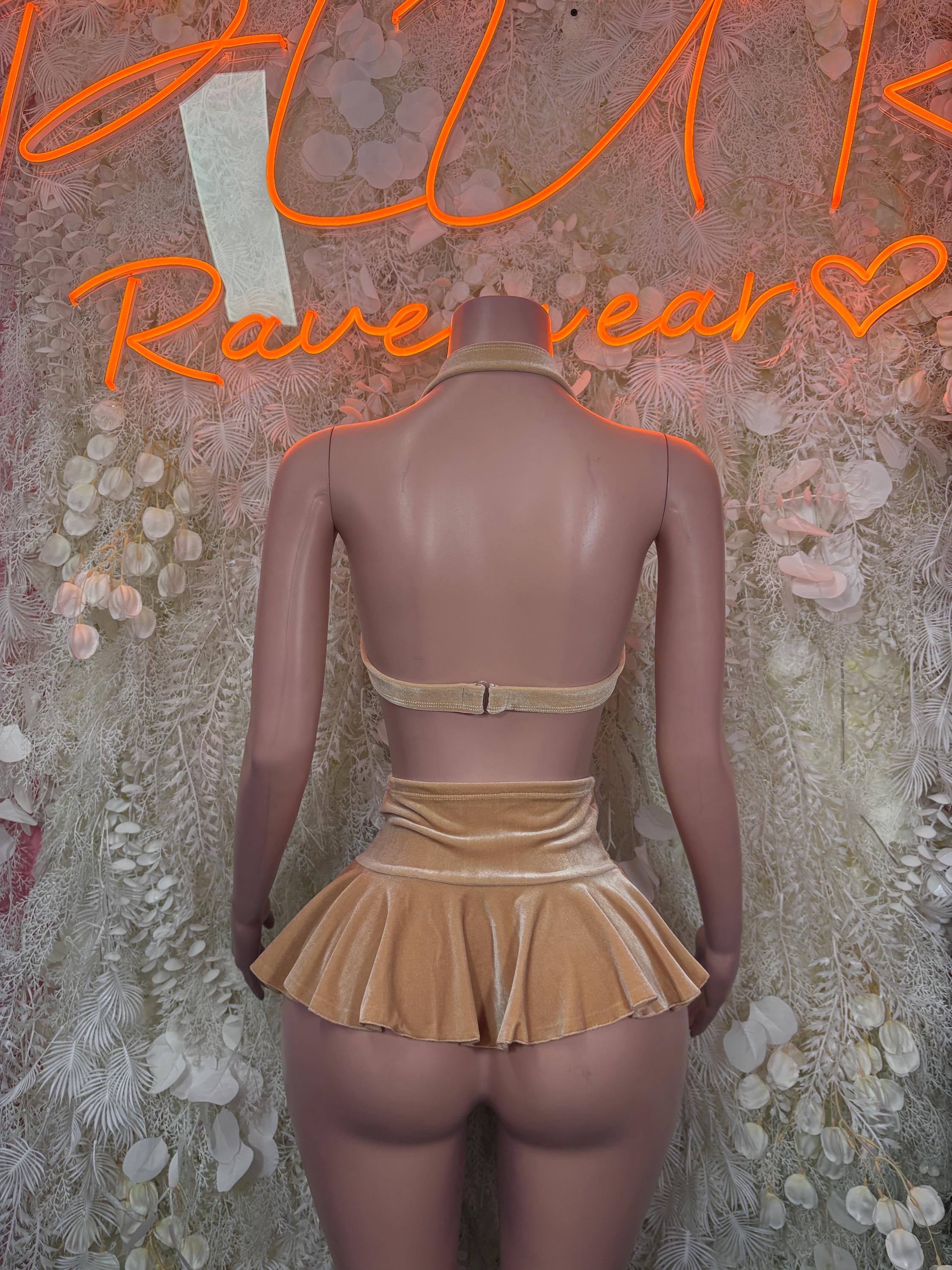 Nude velvet two-piece dance skirt set, back view with ruffled mini skirt