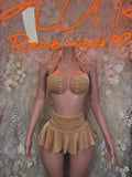 Nude velvet two-piece dance set: ruched bra cups and ruffled mini skirt