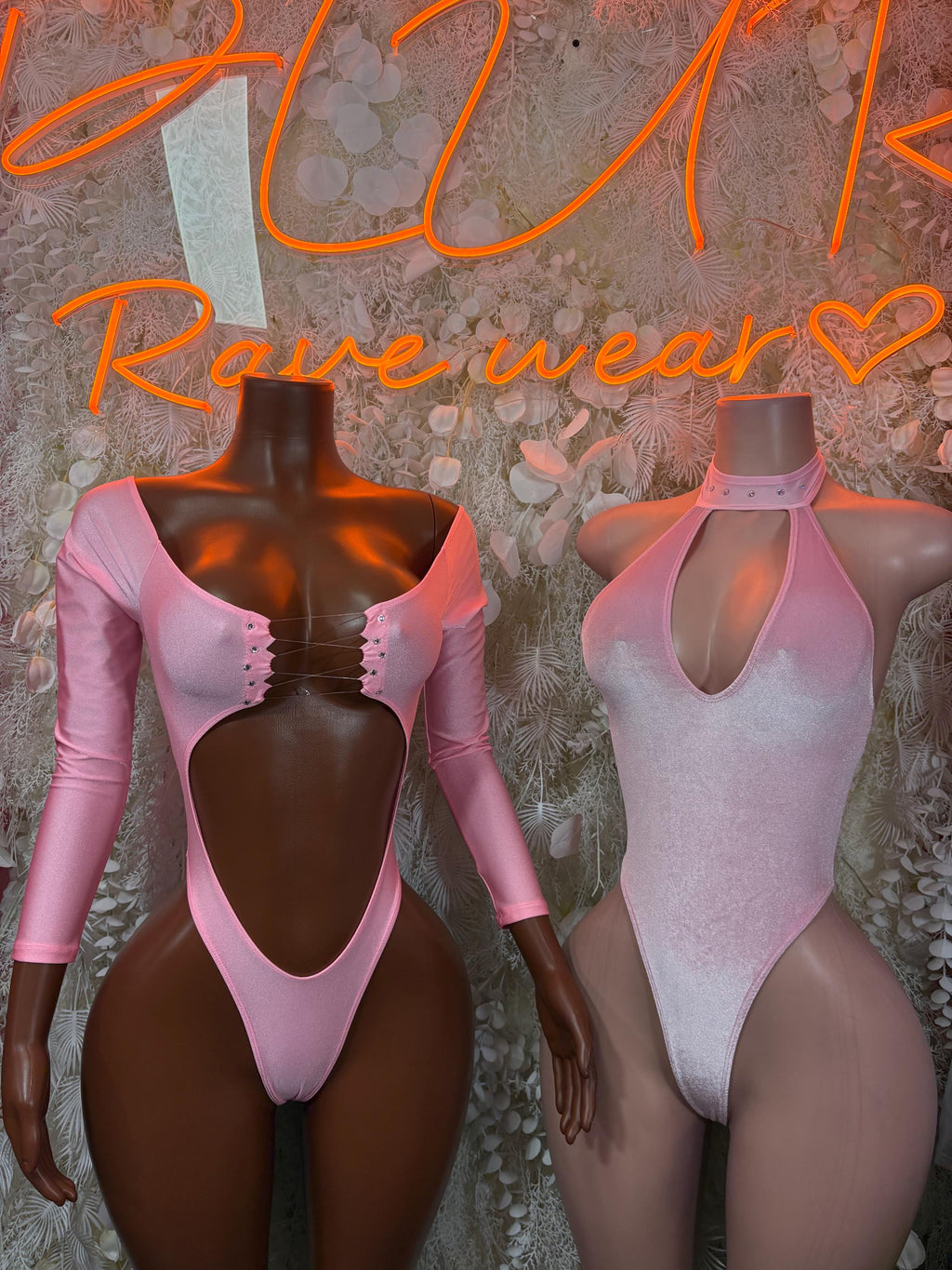 Pink velvet bodysuit with long sleeves and ruching, plus a halter keyhole bodysuit