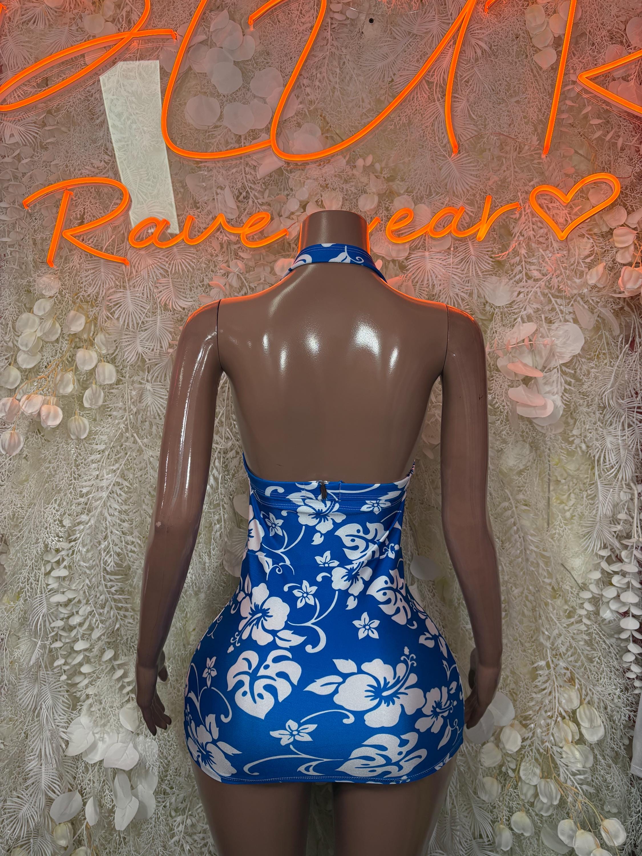 Back view of blue floral one-piece dress bodysuit with white lace upper