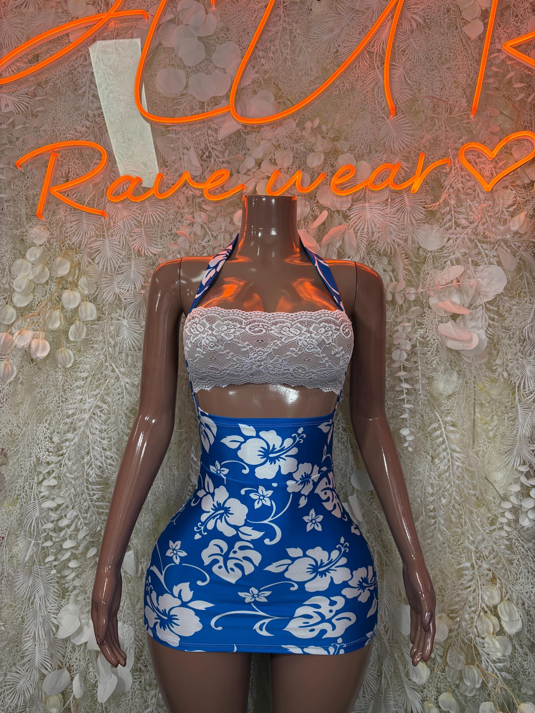 Blue floral one-piece dress bodysuit with white lace bust and halter straps