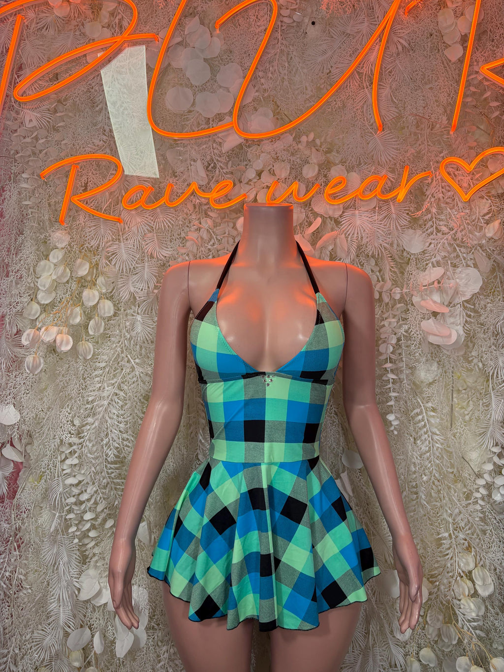 Plaid dress bodysuit with halter straps, teal and blue check skater skirt