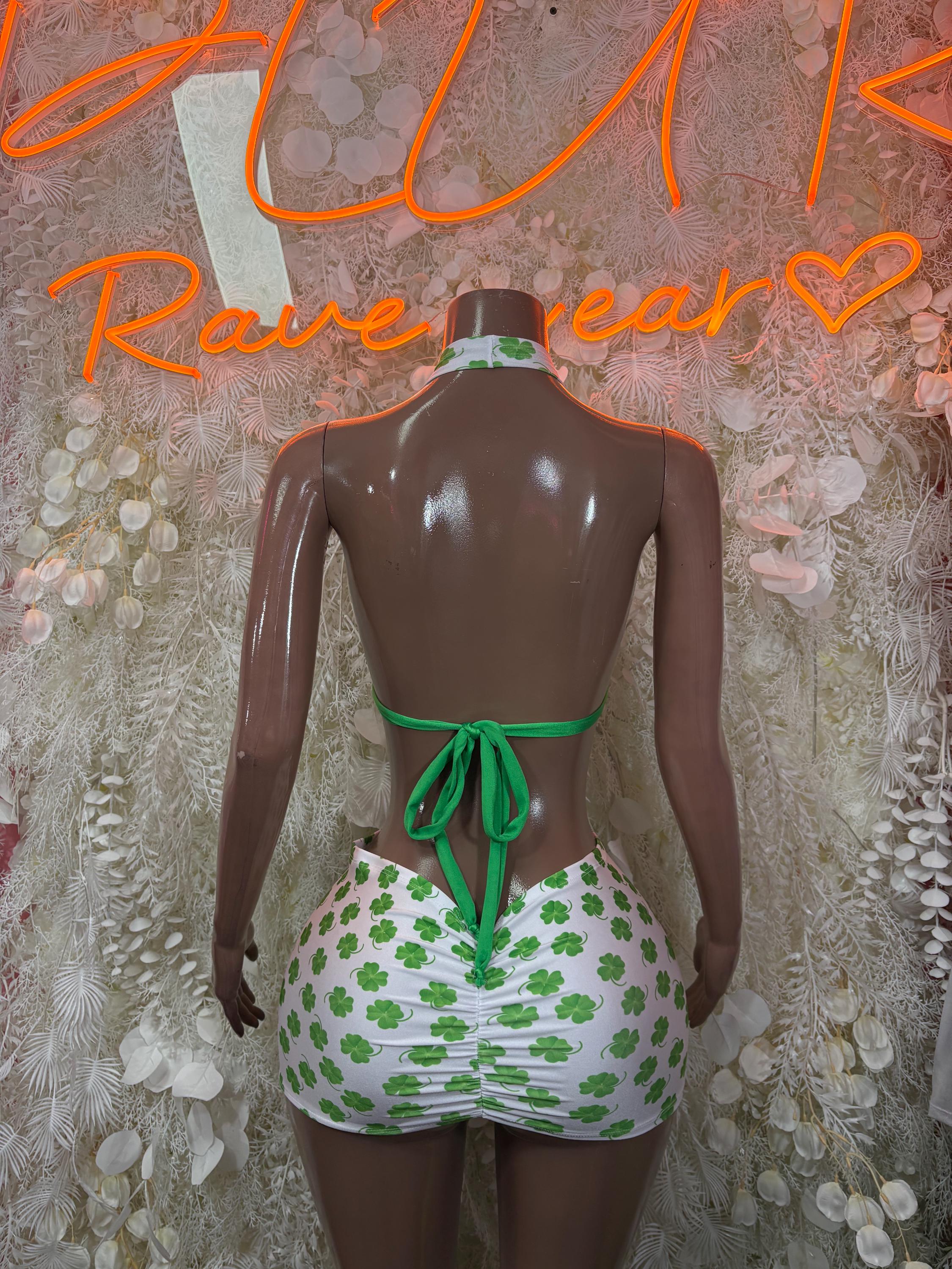 Clover-print halter bra top and mini skirt set with tied back, green