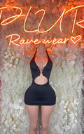 Black cutout halter club dress, sleeveless, open front and back