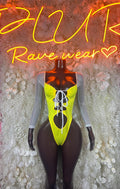 Neon yellow V-neck one-piece bodysuit with corset lace-up front and long sleeves