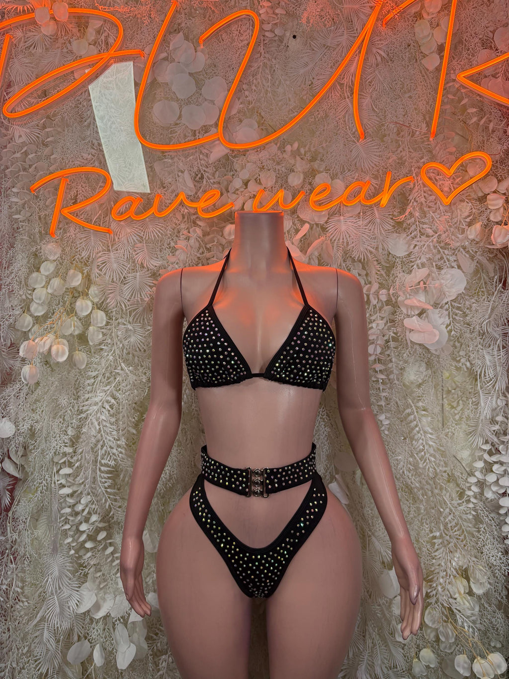 Black rhinestone triangle bikini set with high-waist bottoms and adjustable straps