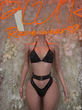 Black rhinestone triangle bikini set with high-waist bottoms and adjustable straps