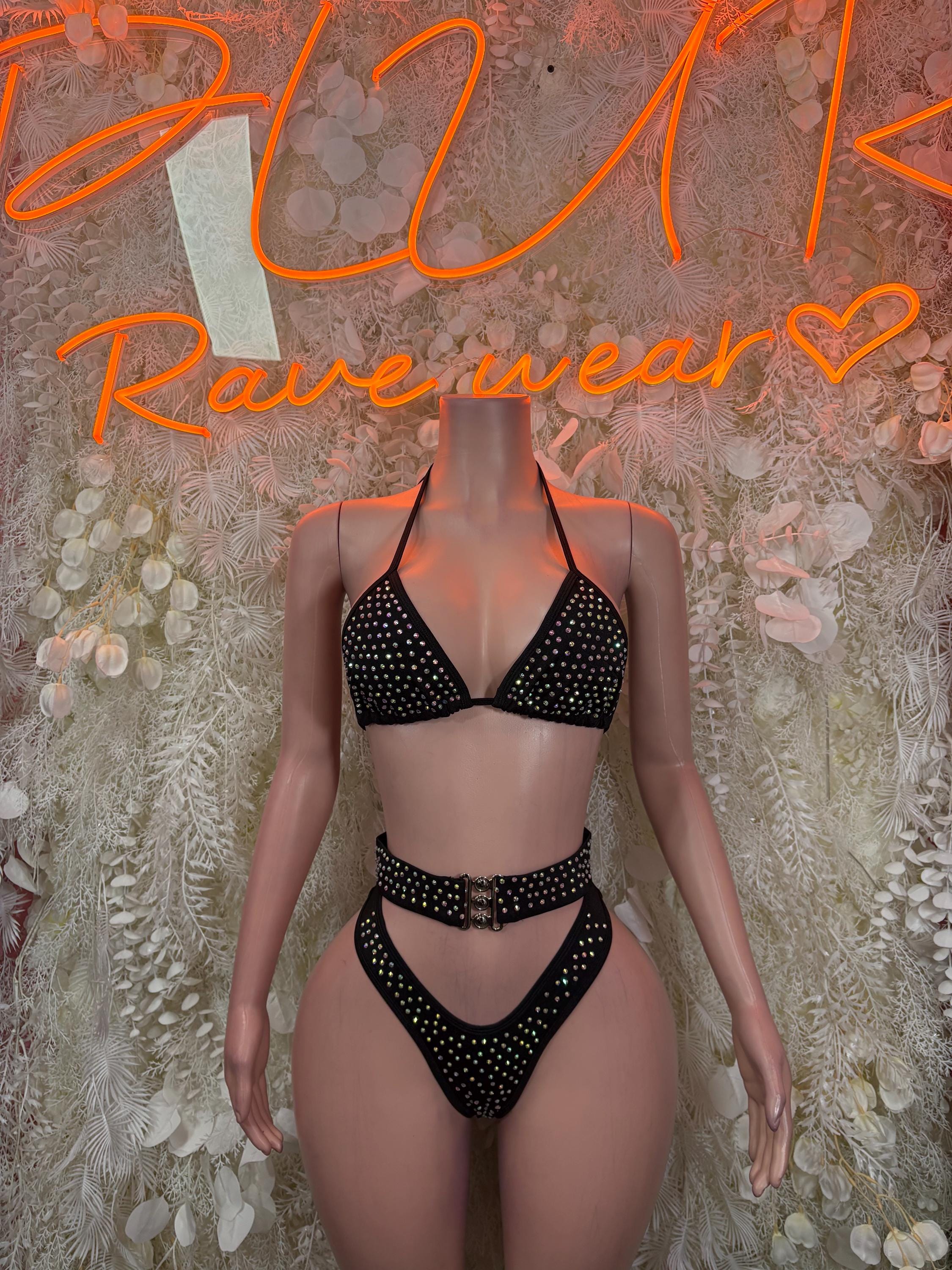 Black rhinestone triangle bikini set with high-waist bottoms and adjustable straps