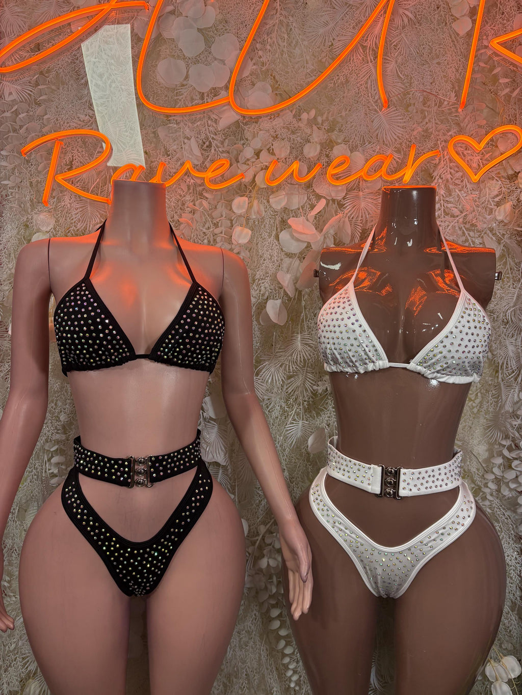 Rhinestone two-piece bikini set, black and white high-cut styles side by side