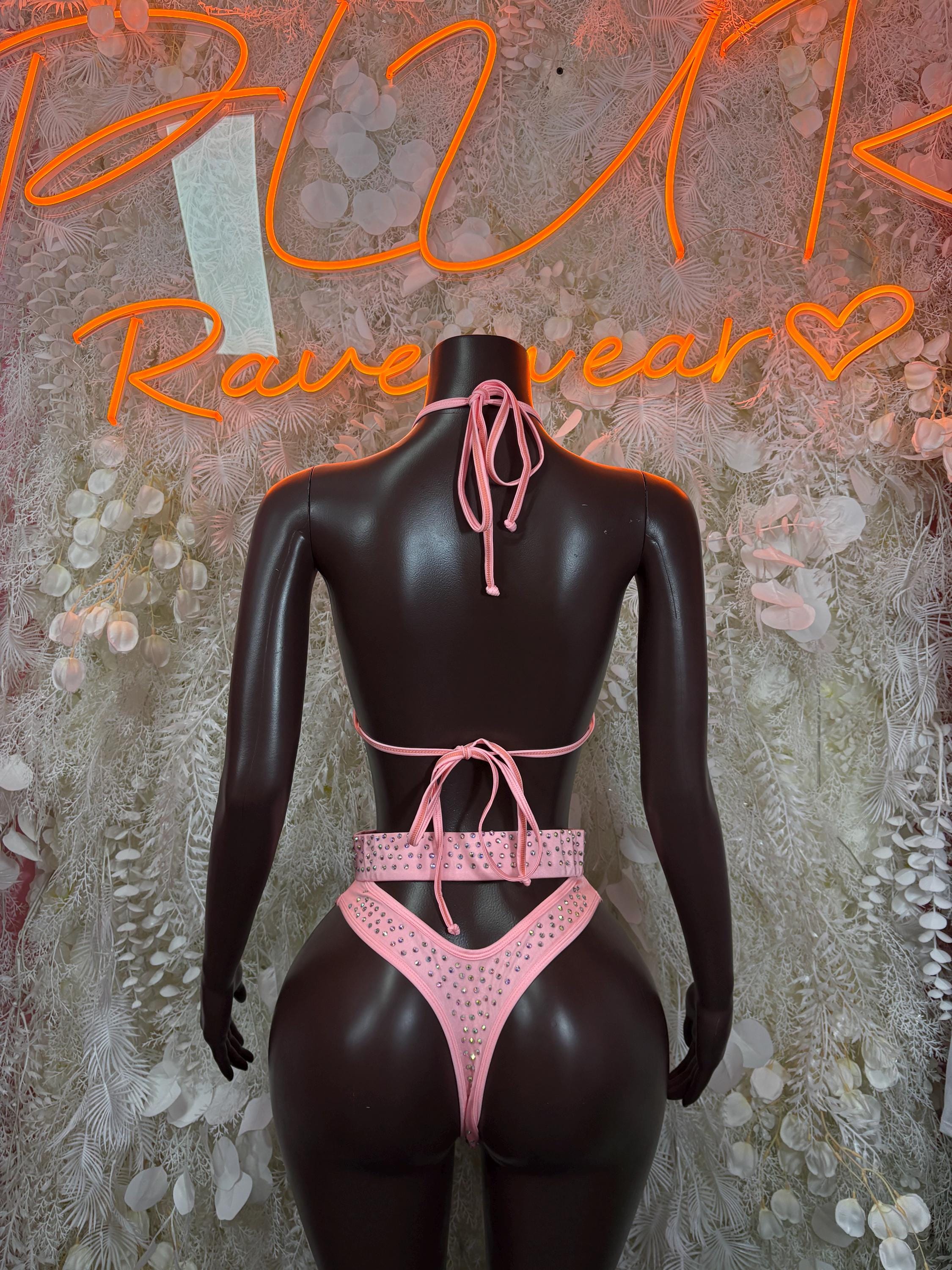 Pink rhinestone bikini two-piece back view with tie strings and high-waist bottom