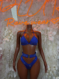 Blue rhinestone two-piece bikini with halter triangle top and high-cut bottom