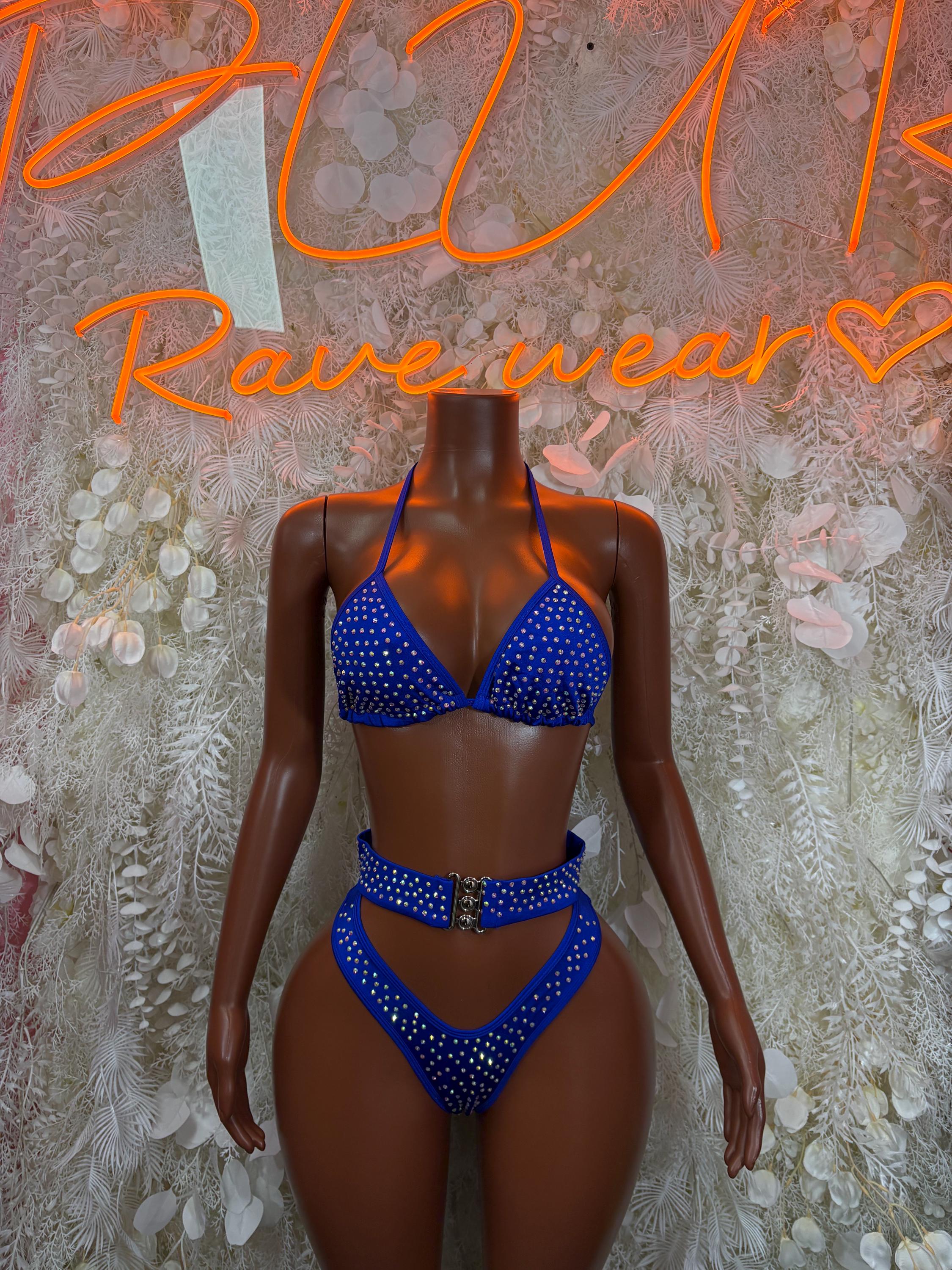 Blue rhinestone two-piece bikini with halter triangle top and high-cut bottom