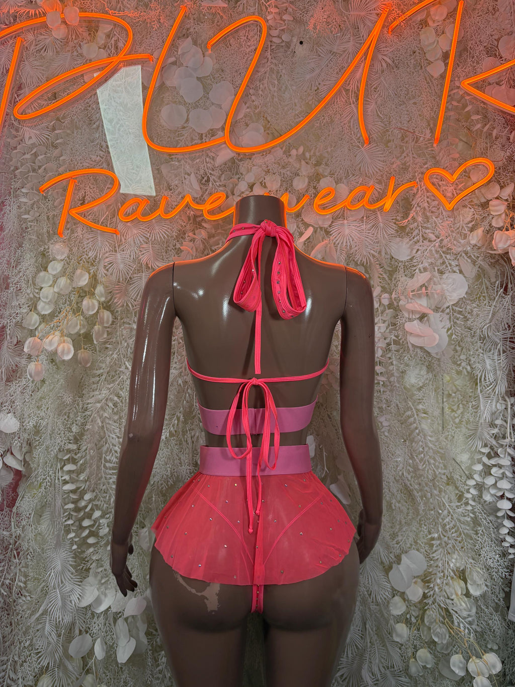 Coral rhinestone mini skirt set with tie-back halter top and tutu skirt