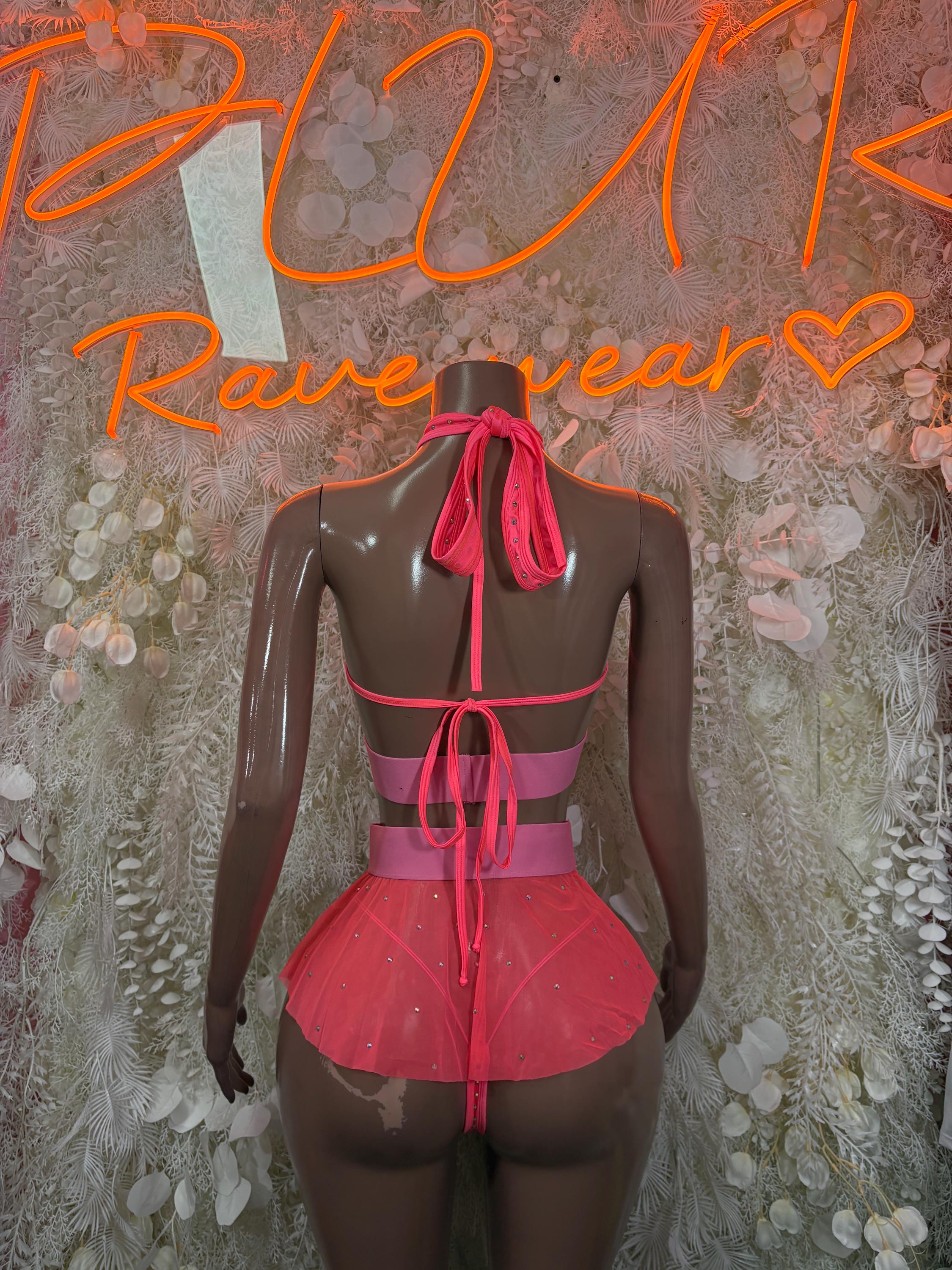 Coral rhinestone mini skirt set with tie-back halter top and tutu skirt