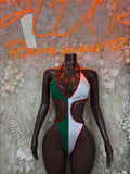 Mexican flag festival swim bodysuit, white with green and red trim, front view