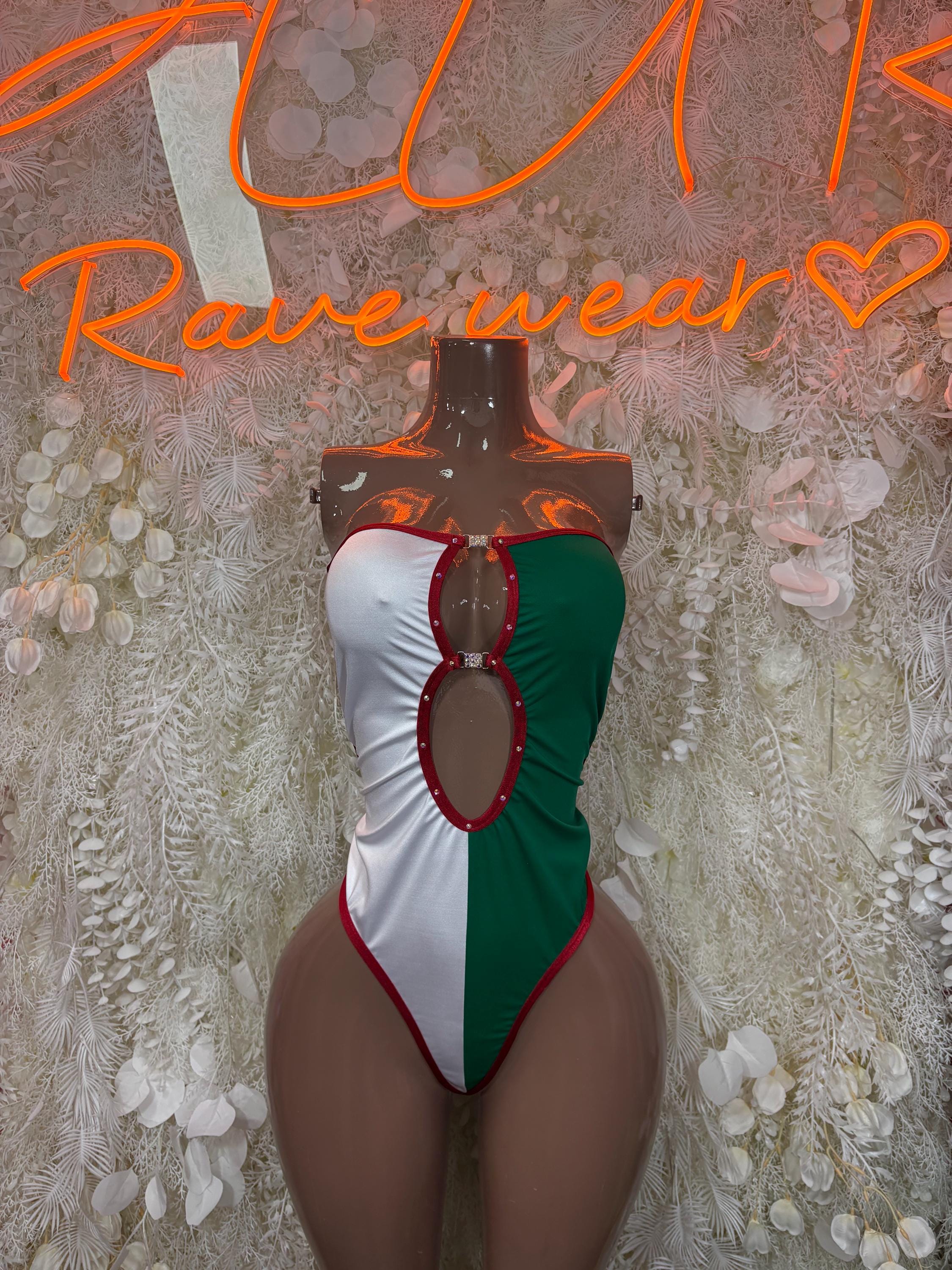 Mexican-flag one-piece swimsuit with halter neck, red/white/green panels, oval cutout