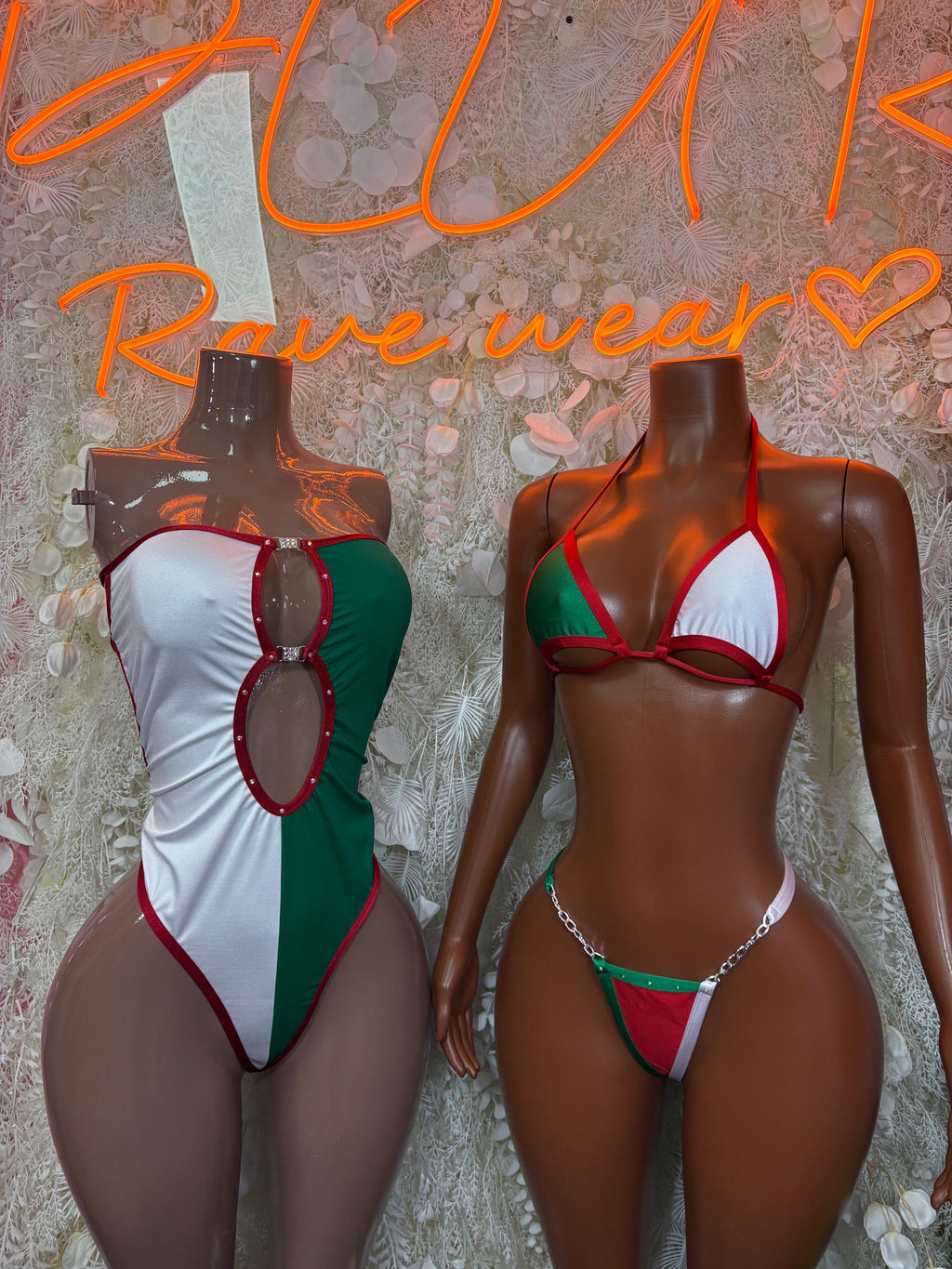Mexican-flag one-piece swimsuit pair, halter style with red/white/green panels and cutout