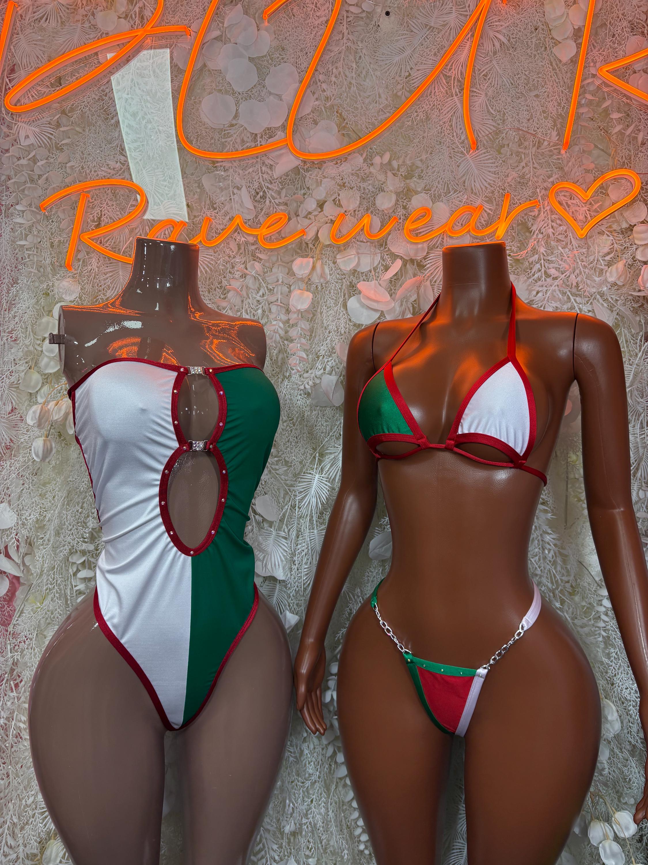 Mexican-flag one-piece swimsuit pair, halter style with red/white/green panels and cutout