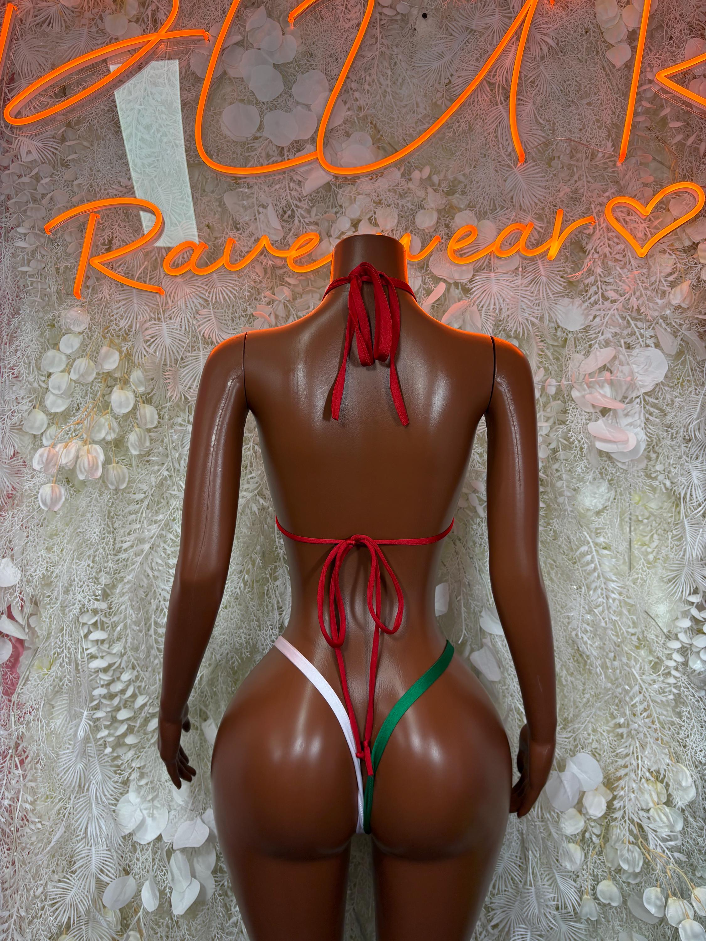 Mexican flag bikini bodysuit back, red tie strings with green accents and white