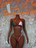 Mexican flag bikini bodysuit with triangle cups, red green and white front view