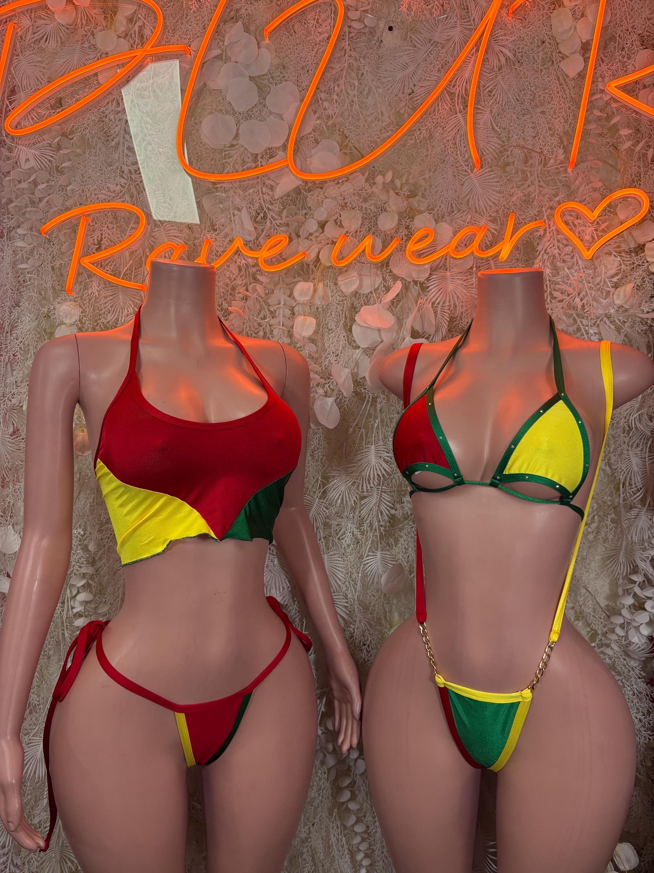 Bolivian flag bikini set, red yellow green triangle top and tied high-cut bottoms