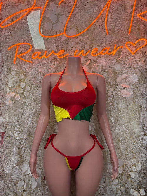 Bolivian flag two-piece bikini swimsuit, red yellow green triangle cups and string ties