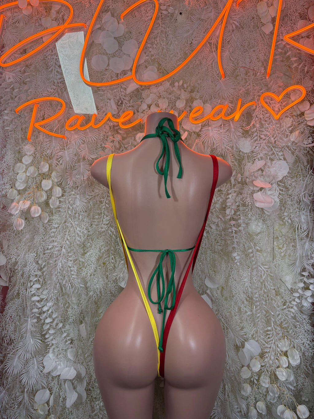 Bolivian flag bikini set, back view, green ties and red strap details with yellow accents