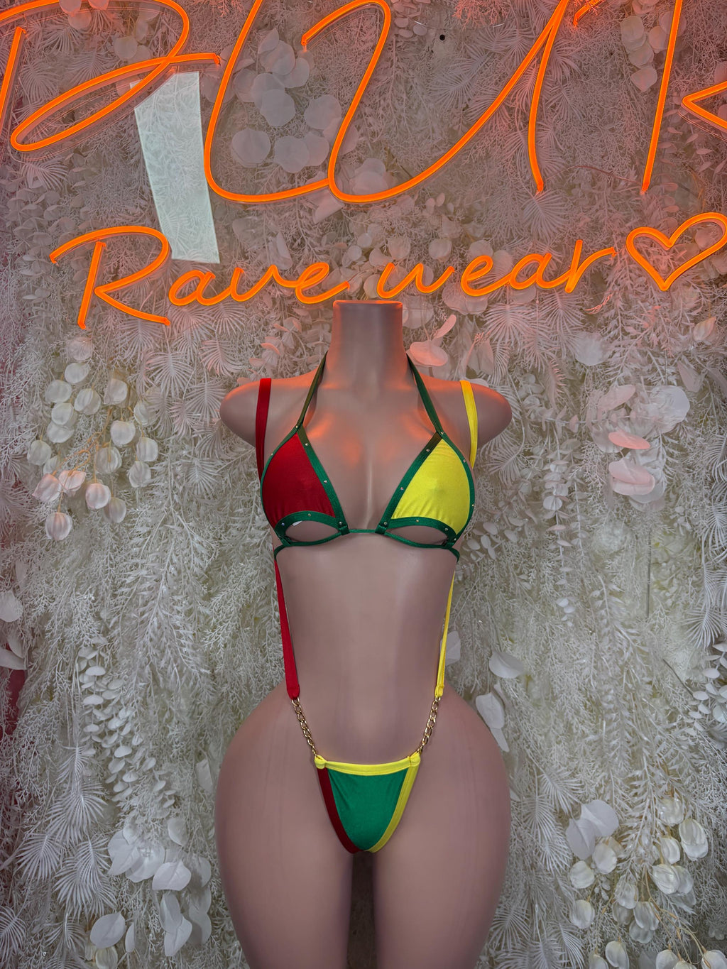 Bolivian flag bikini set with red, green, and yellow triangle cups and tie side bottoms