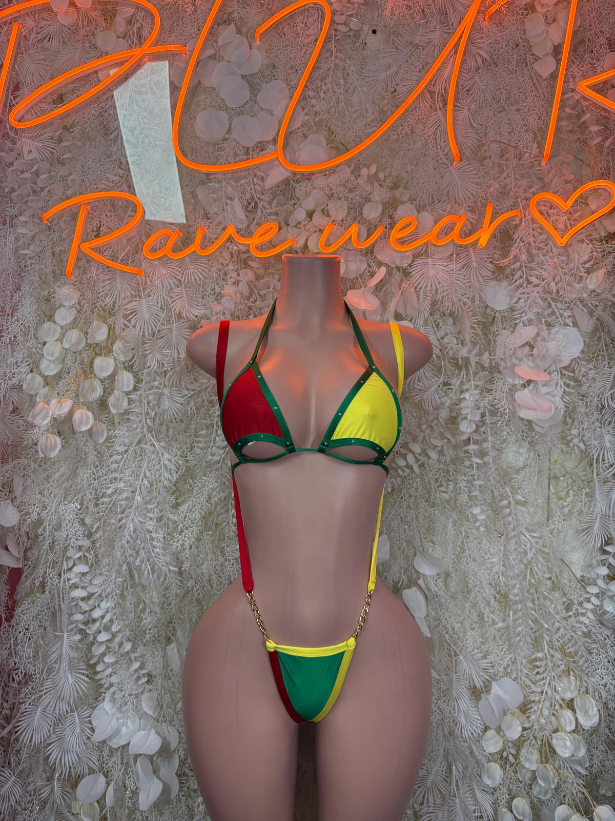 Bolivian flag bikini set with red, green, and yellow triangle cups and tie side bottoms