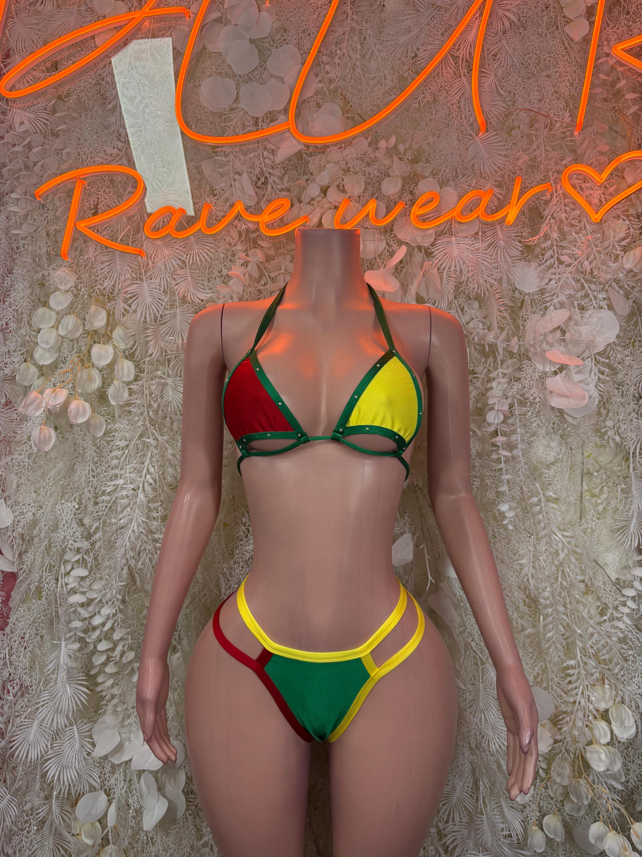 Triangular top and high-cut bikini bottoms, multicolor flag style red green yellow