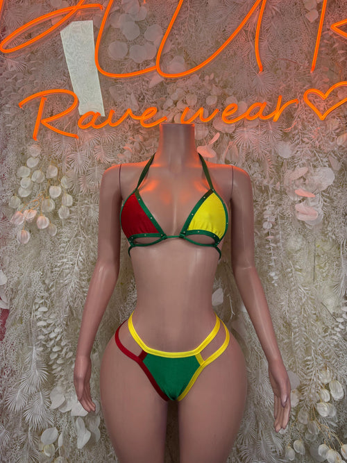 Triangular top and high-cut bikini bottoms, multicolor flag style red green yellow