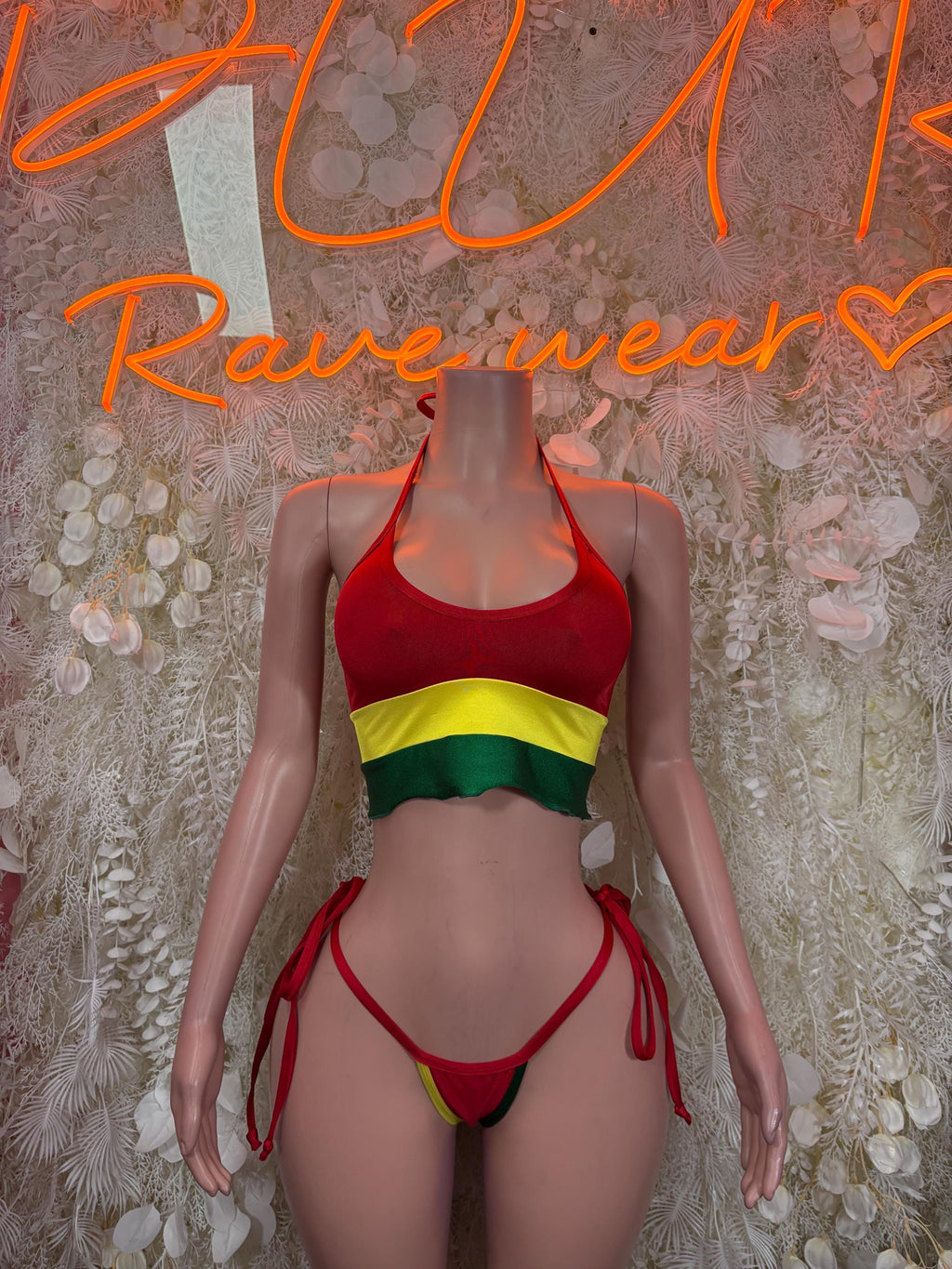 Red, yellow, green bikini crop top and tie-side bottom swimsuit set
