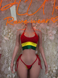 Red, yellow, green bikini crop top and tie-side bottom swimsuit set