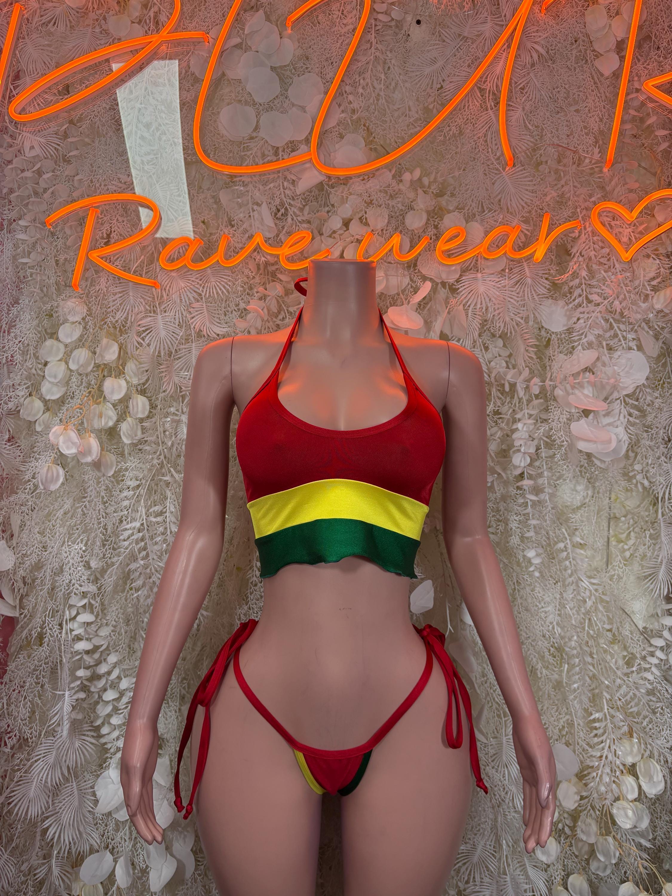 Red, yellow, green bikini crop top and tie-side bottom swimsuit set