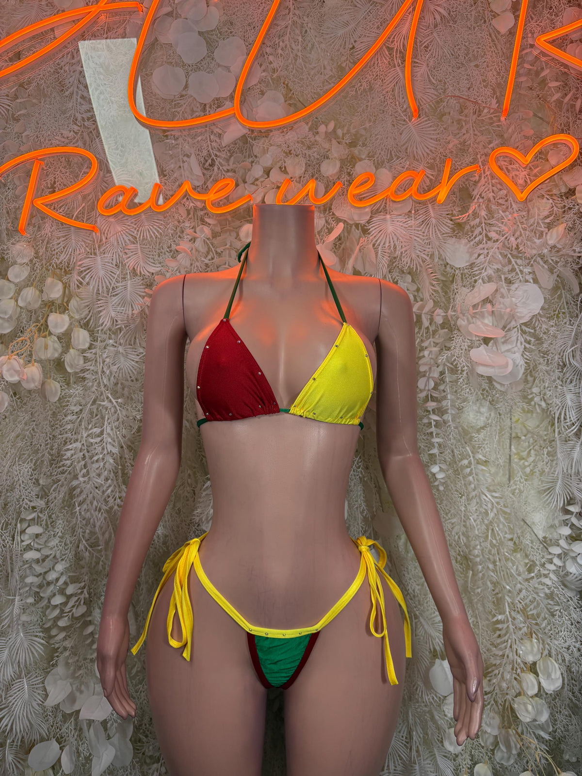 Flag-print triangle bikini with tie-side bottoms, red/yellow/green, tassel ties