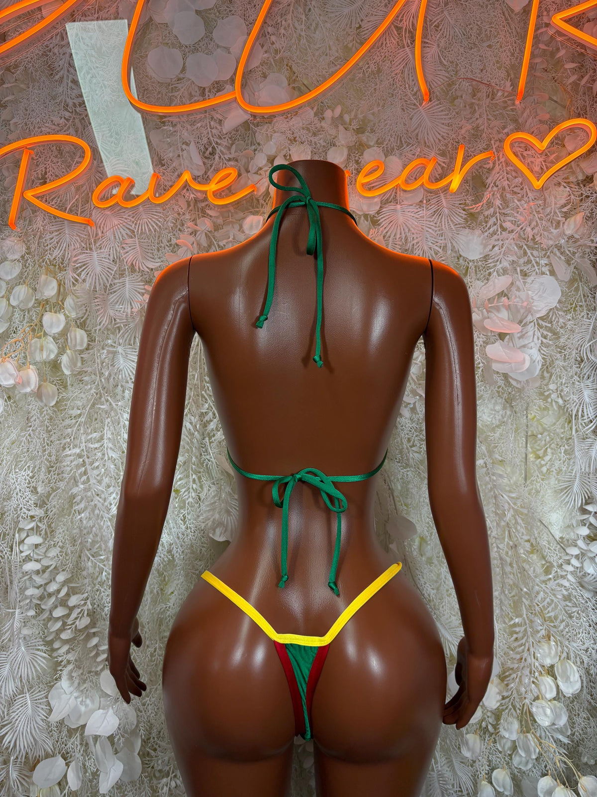 Bolivian flag bikini swimsuit with green triangle back ties and tie-side bottoms red/yellow/green