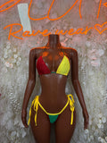 Bolivian flag triangle bikini swimsuit with red, yellow, and green top and tie-side bottoms