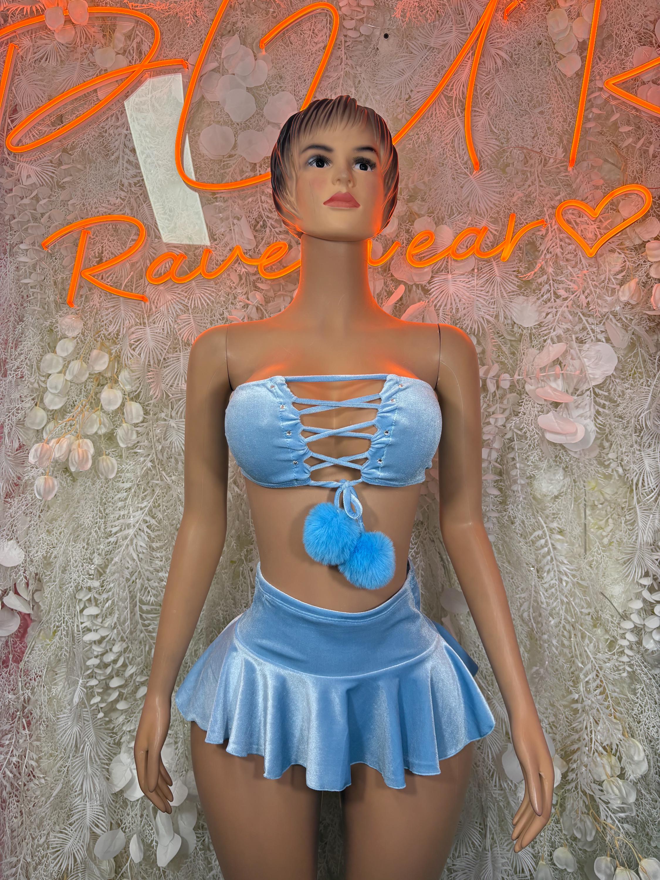 Baby Blue Velvet Skirt Set Rave Outfit  Festival Two Piece Dancewear Women’s Rave Clothing