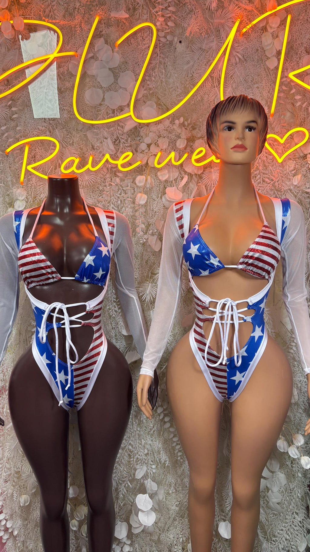 Patriotic bodysuit set with long white sleeves, star-and-stripe print, lace-up front