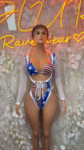 Patriotic sleeved bodysuit with blue star and red stripe cups, lace-up front