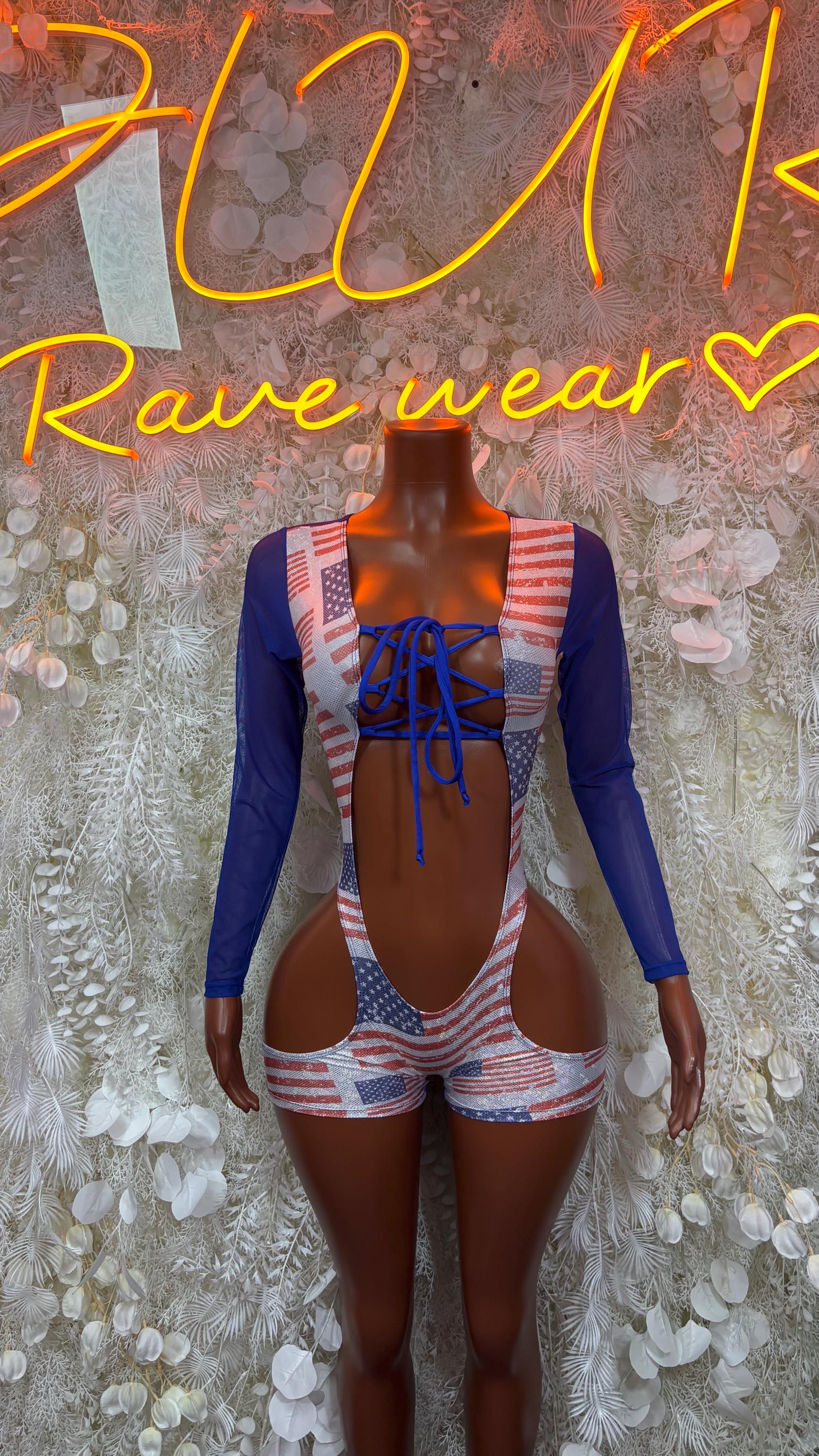 Patriotic long-sleeve bodysuit with American flag stripes, lace-up front and cutout