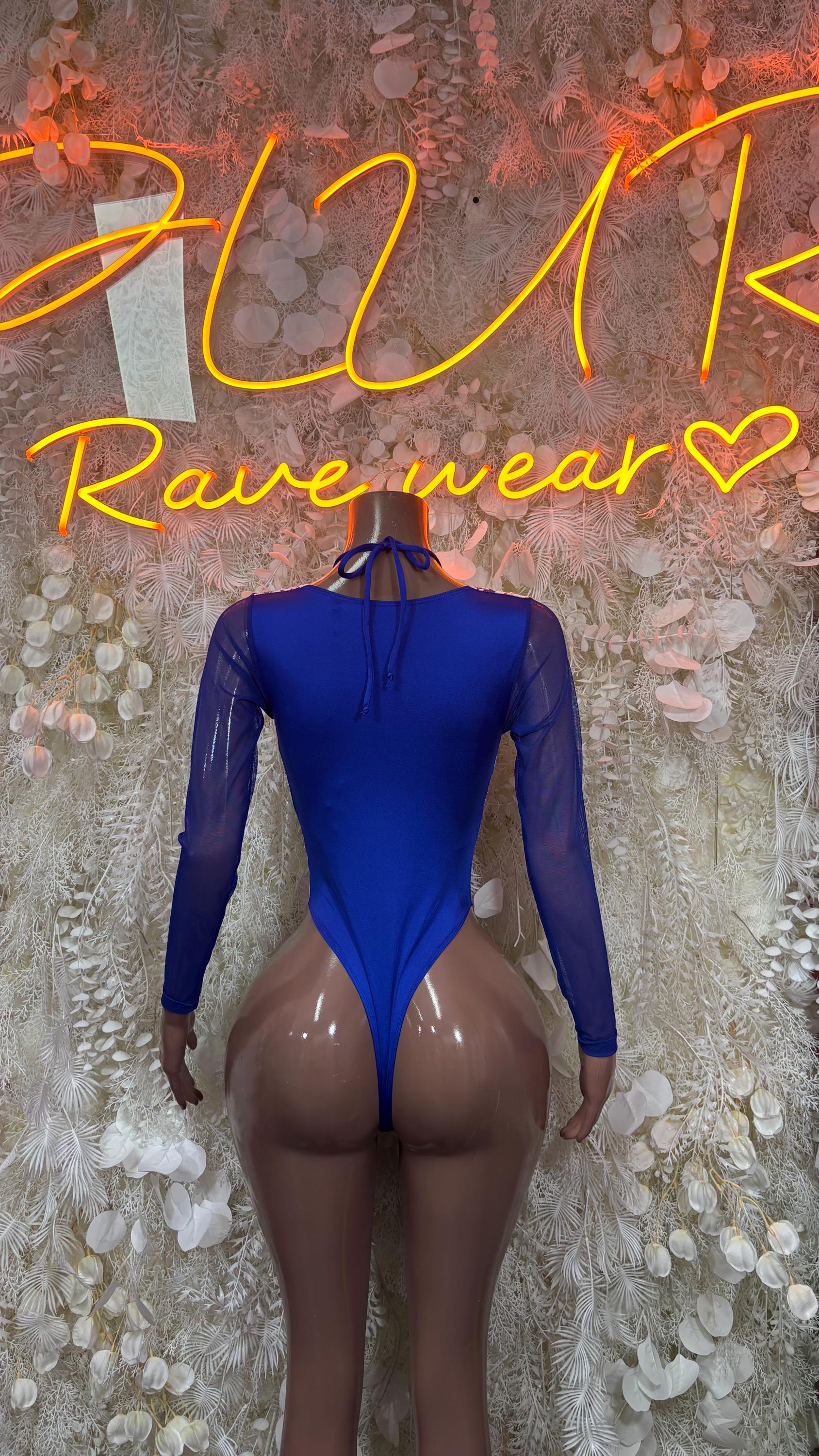 Blue long-sleeve bodysuit with open back and tie neckline