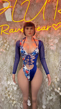 Blue star print bodysuit with crisscross lace-up front and sheer long sleeves, front view